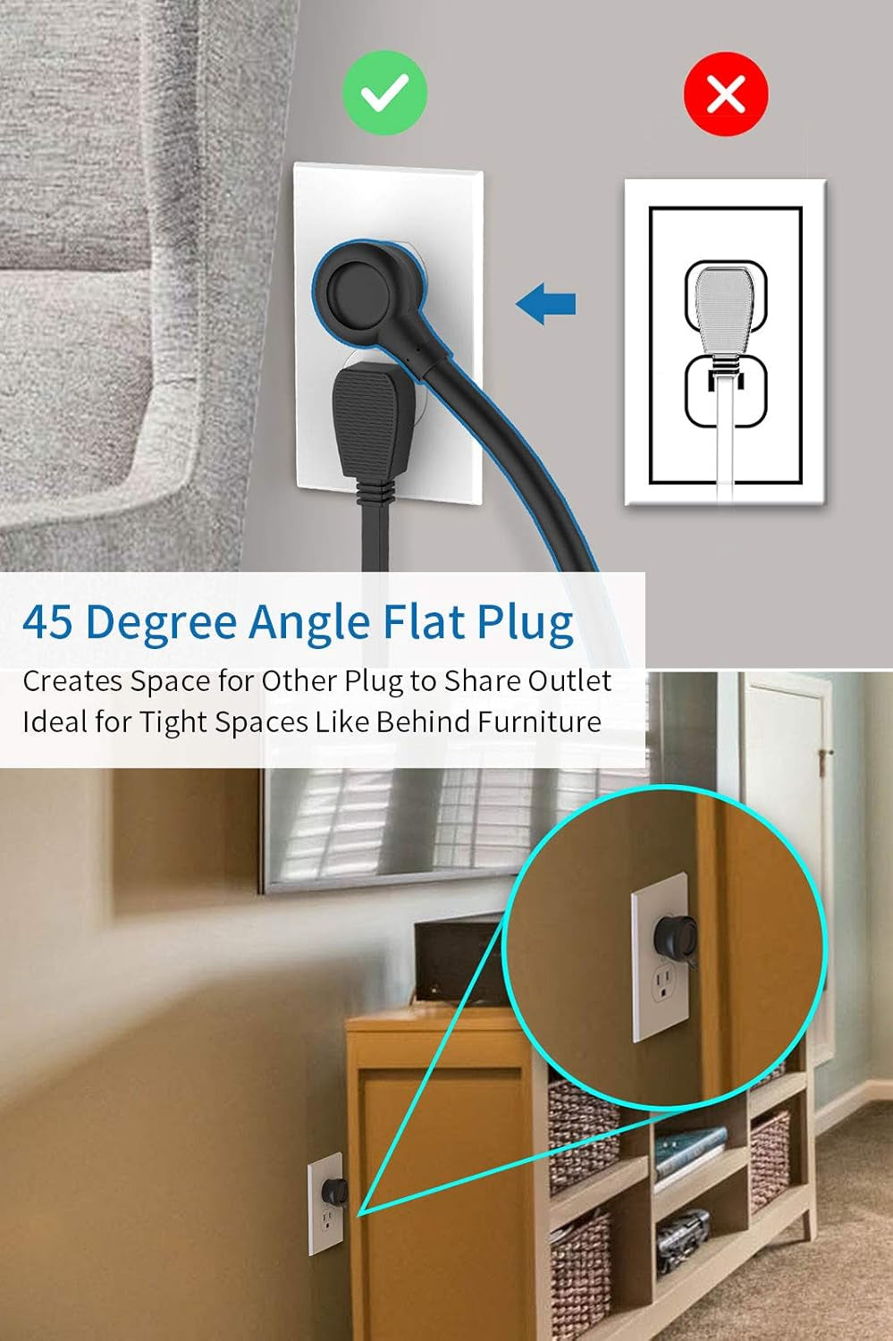 10Ft Extension Cord Power Strip Tower, Flat Plug Surge Protector with 8 Outlets 5 USB Desktop Charging Station, Individual Switches, 1080 Joules, 13A Circuit Breaker for Home Office, Black