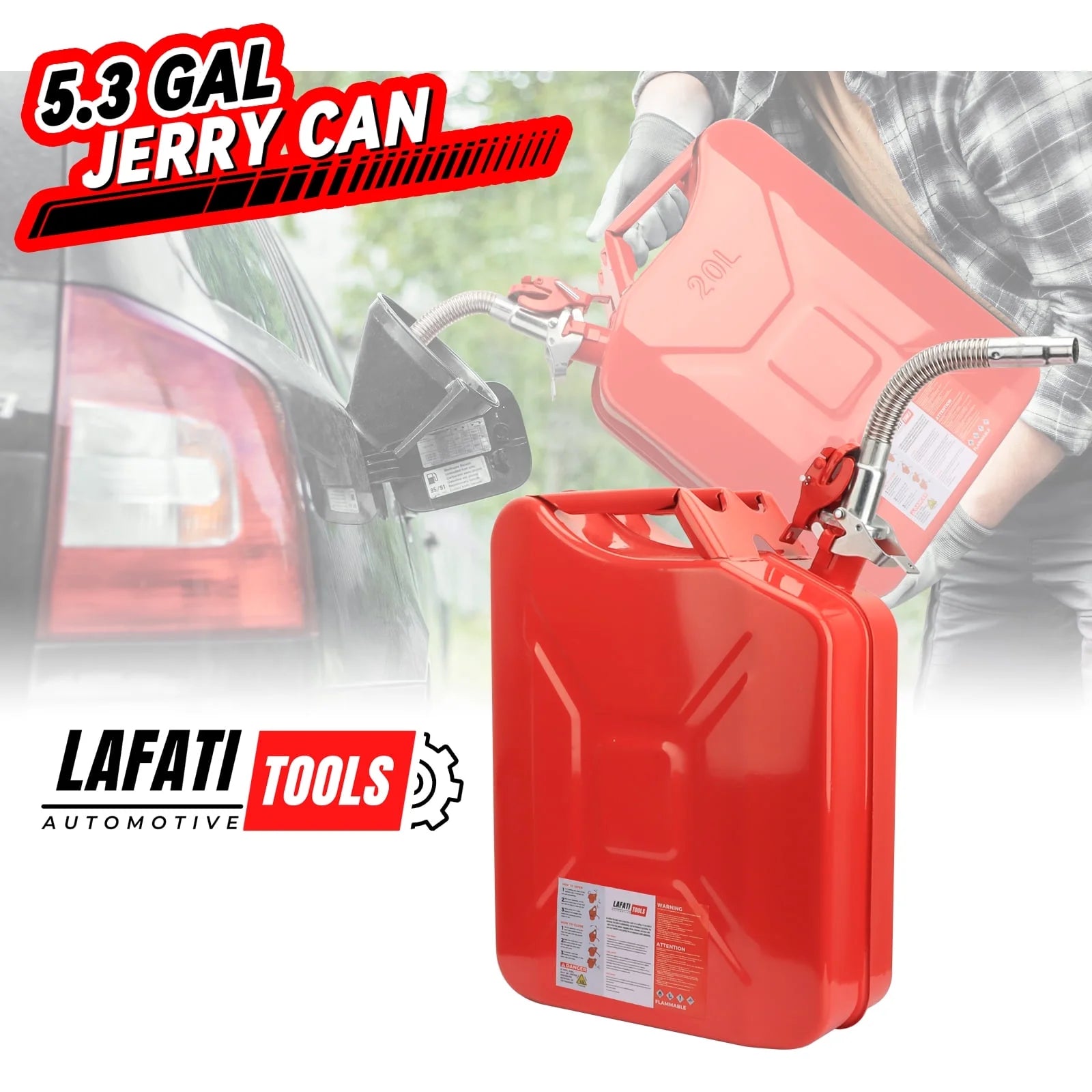 5 Gallon 20L Metal Gas Tank Can (US Stardard) Gas Can Power Emergency Backup Tank with Flexible Spout Red