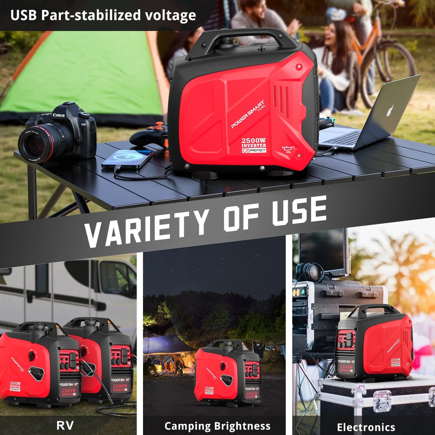 2500W Portable Inverter Gas Generator Super Quiet Low Oil Shutdown Low Noise for Camping