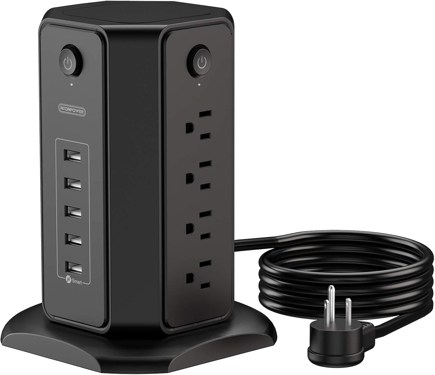 10Ft Extension Cord Power Strip Tower,  Flat Plug Surge Protector with 8 Outlets 5 USB Desktop Charging Station, Individual Switches, 1080 Joules, 13A Circuit Breaker for Home Office, Black