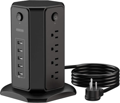 10Ft Extension Cord Power Strip Tower,  Flat Plug Surge Protector with 8 Outlets 5 USB Desktop Charging Station, Individual Switches, 1080 Joules, 13A Circuit Breaker for Home Office, Black
