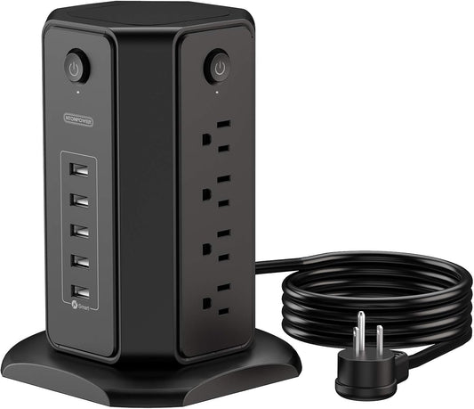 10Ft Extension Cord Power Strip Tower,  Flat Plug Surge Protector with 8 Outlets 5 USB Desktop Charging Station, Individual Switches, 1080 Joules, 13A Circuit Breaker for Home Office, Black