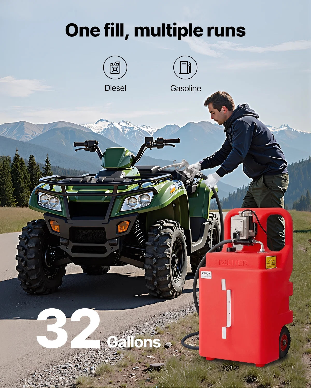 Fuel Caddy, 32 Gallon, Portable Fuel Tank with 12V DC 15 GPM Electric Fuel Transfer Pump, 13 Ft Delivery Hose & Aluminum Alloy Manual Nozzle, Gas Caddy for Motorboats, Atvs, Diesel & Gasoline