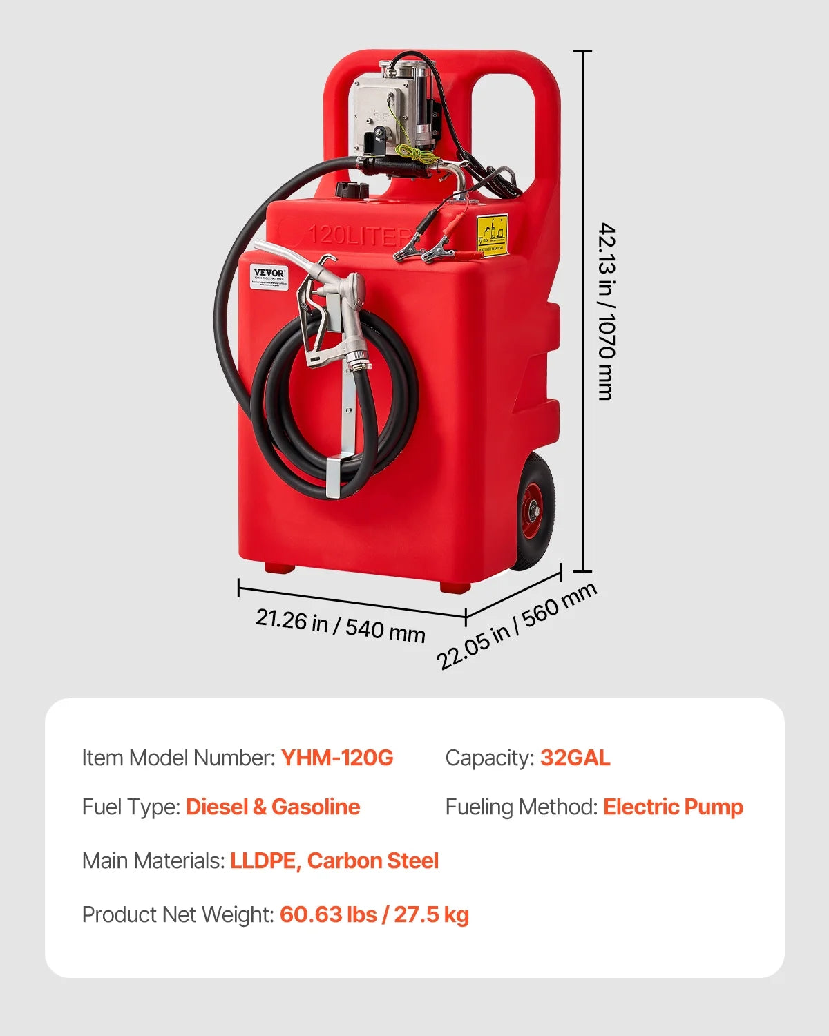 Fuel Caddy, 32 Gallon, Portable Fuel Tank with 12V DC 15 GPM Electric Fuel Transfer Pump, 13 Ft Delivery Hose & Aluminum Alloy Manual Nozzle, Gas Caddy for Motorboats, Atvs, Diesel & Gasoline