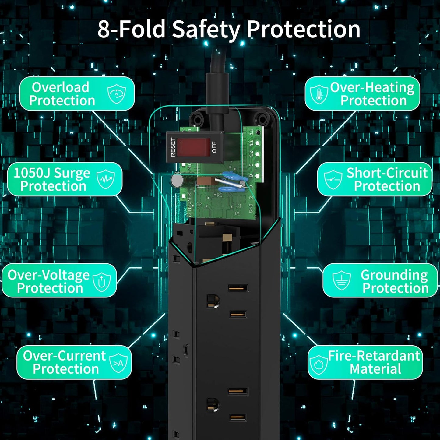 16.5FT Power Strip Surge Protector Flat Plug with USB,  7 Wide Spaced Outlets 3 USB Ports Mountable Extension Cord Charging Station, Overload Protection for Home Office Hotel Dorm, Black
