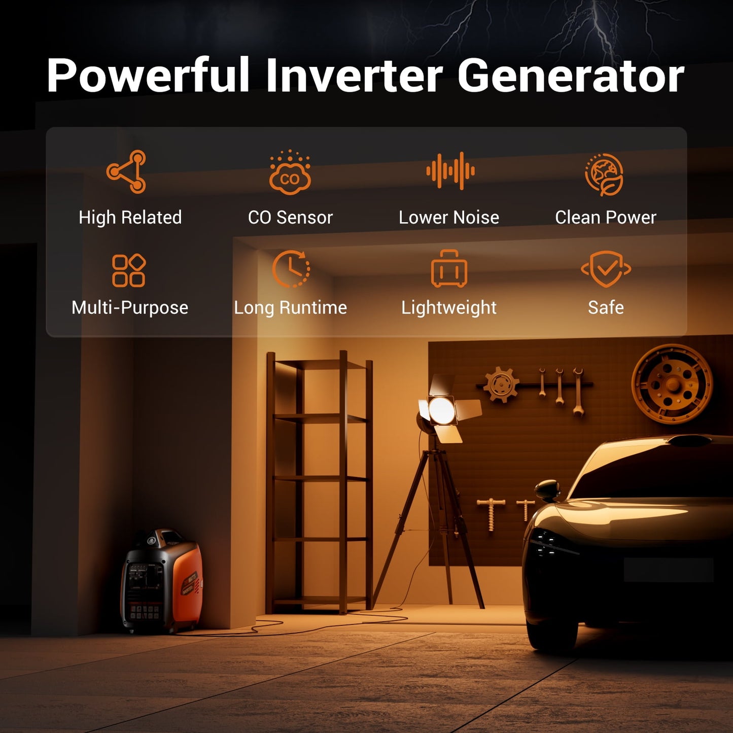 2500-Watt Portable Inverter Generator Gas Powered, EPA Compliant, Parallel Capability, CO Shutdown, Low Noise for Camping and Home Use