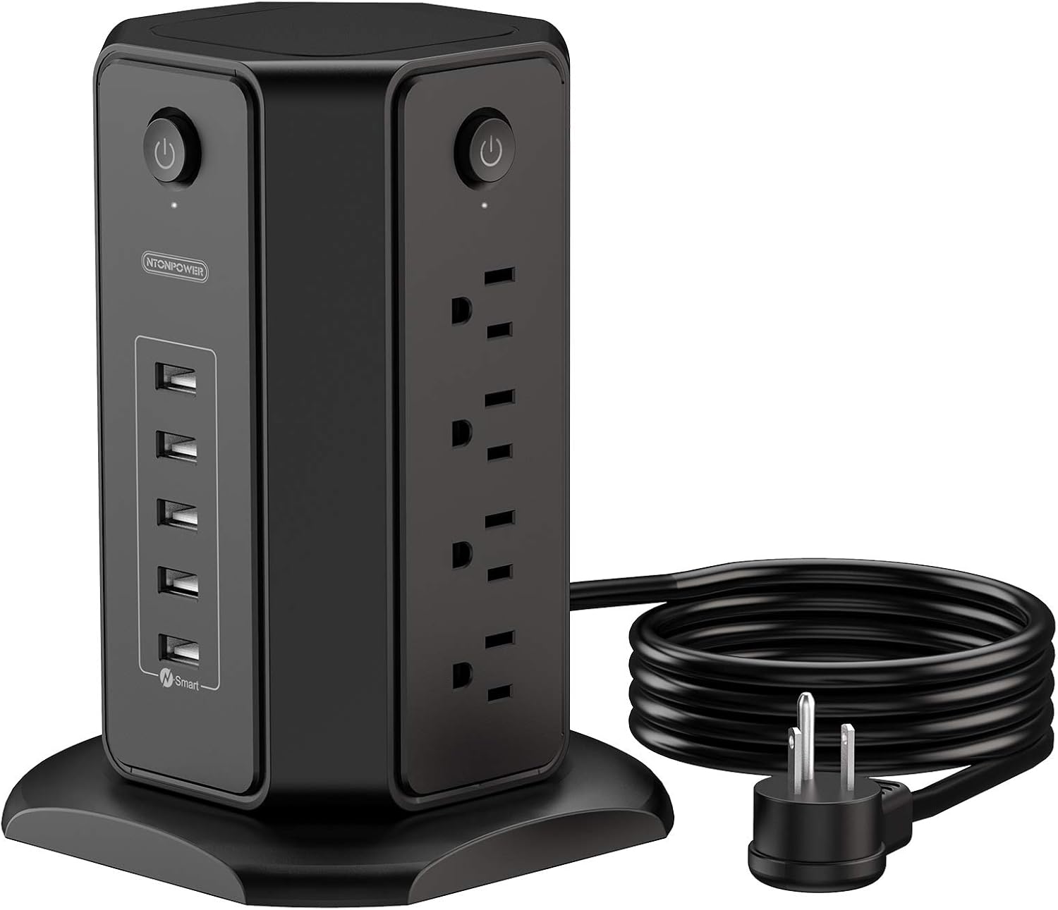 Power Strip Tower Surge Protector,  8 Outlet 5 USB Desktop Charging Station 1625W 13A, 6Ft Extension Cord Flat Plug, Individual Switches, 1080 Joules, Overload Protection for Home Office
