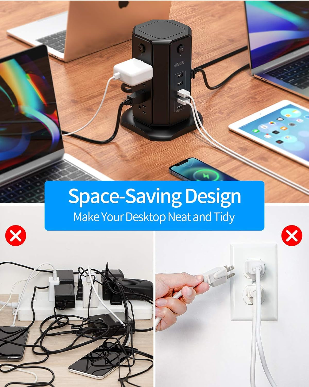 10Ft Extension Cord Power Strip Tower,  Flat Plug Surge Protector with 8 Outlets 5 USB Desktop Charging Station, Individual Switches, 1080 Joules, 13A Circuit Breaker for Home Office, Black