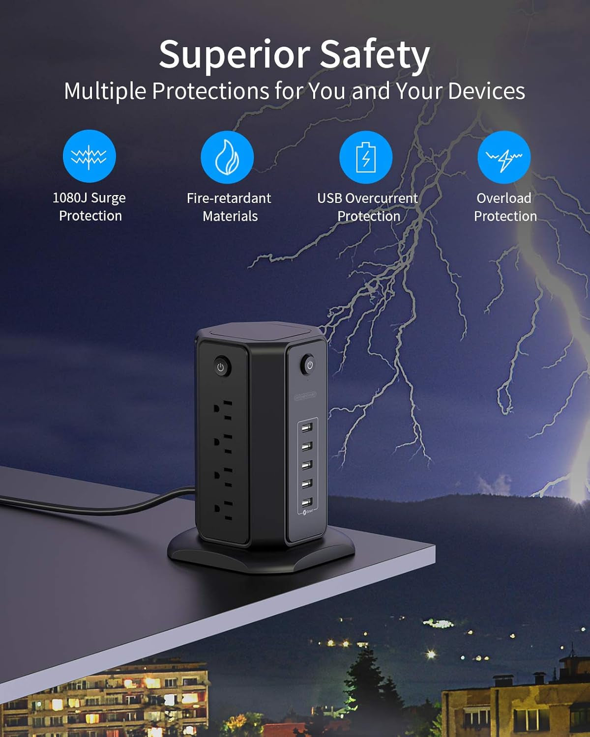 10Ft Extension Cord Power Strip Tower,  Flat Plug Surge Protector with 8 Outlets 5 USB Desktop Charging Station, Individual Switches, 1080 Joules, 13A Circuit Breaker for Home Office, Black