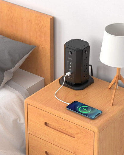 10Ft Extension Cord Power Strip Tower,  Flat Plug Surge Protector with 8 Outlets 5 USB Desktop Charging Station, Individual Switches, 1080 Joules, 13A Circuit Breaker for Home Office, Black