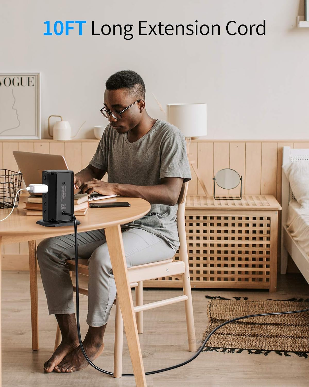 10Ft Extension Cord Power Strip Tower,  Flat Plug Surge Protector with 8 Outlets 5 USB Desktop Charging Station, Individual Switches, 1080 Joules, 13A Circuit Breaker for Home Office, Black