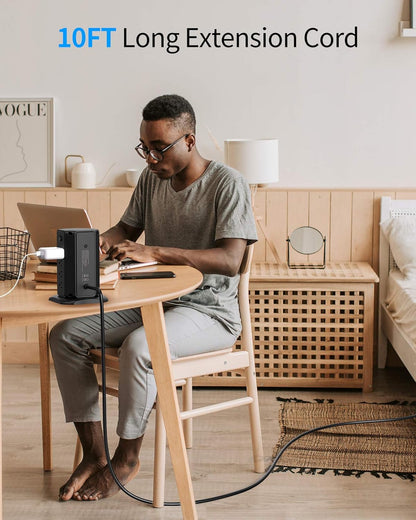 10Ft Extension Cord Power Strip Tower,  Flat Plug Surge Protector with 8 Outlets 5 USB Desktop Charging Station, Individual Switches, 1080 Joules, 13A Circuit Breaker for Home Office, Black