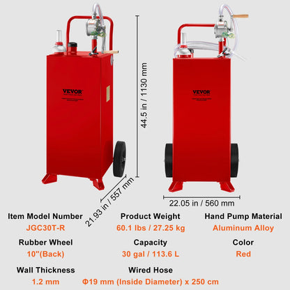 30 Gallon Fuel Caddy, Fuel Storage Tank on 2 Wheels, Portable Gas Caddy with Manuel Transfer Pump, Gasoline Diesel Fuel Container for Cars, Lawn Mowers, Atvs, Boats, More, Red