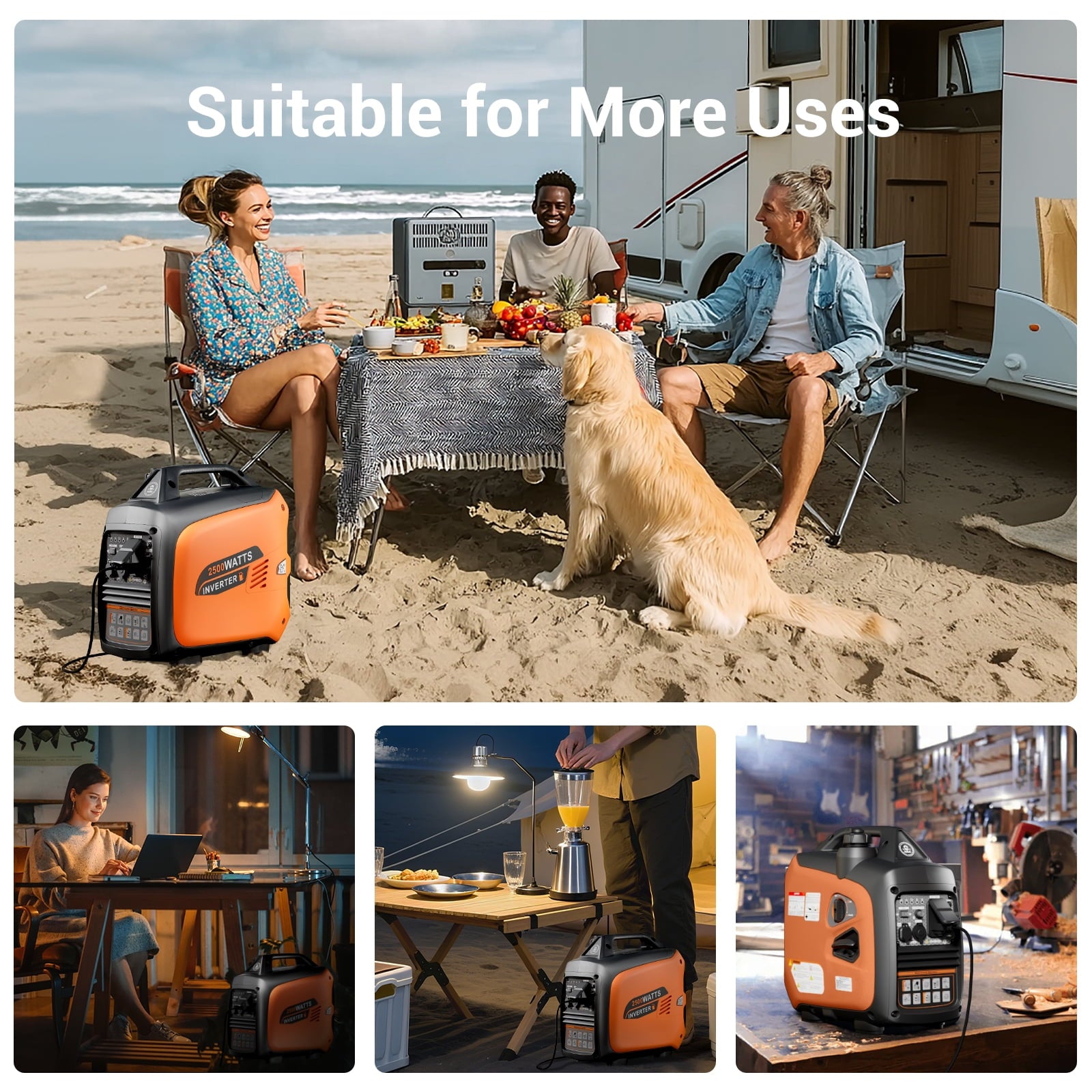 2500-Watt Portable Inverter Generator Gas Powered, EPA Compliant, Parallel Capability, CO Shutdown, Low Noise for Camping and Home Use