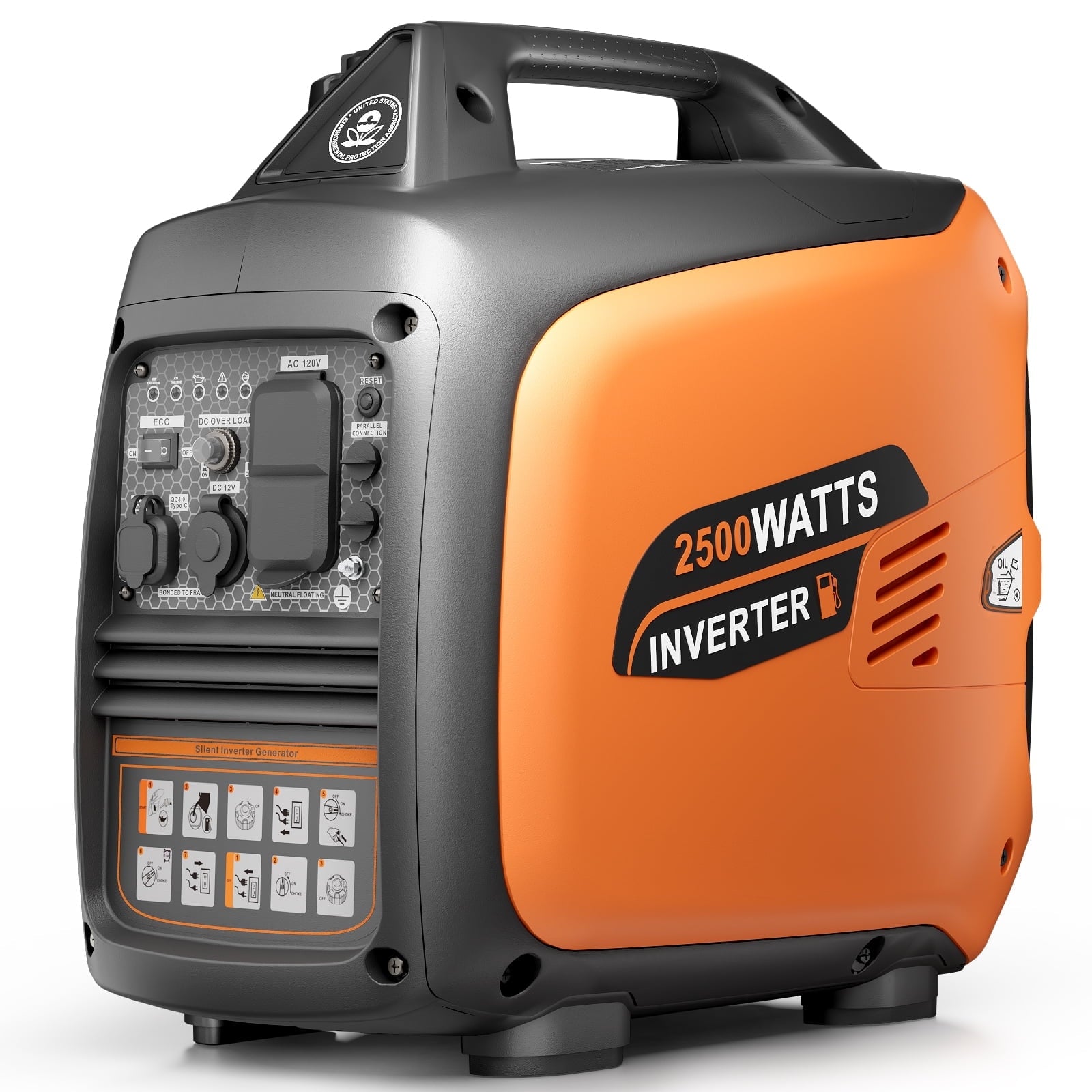 2500-Watt Portable Inverter Generator Gas Powered, EPA Compliant, Parallel Capability, CO Shutdown, Low Noise for Camping and Home Use