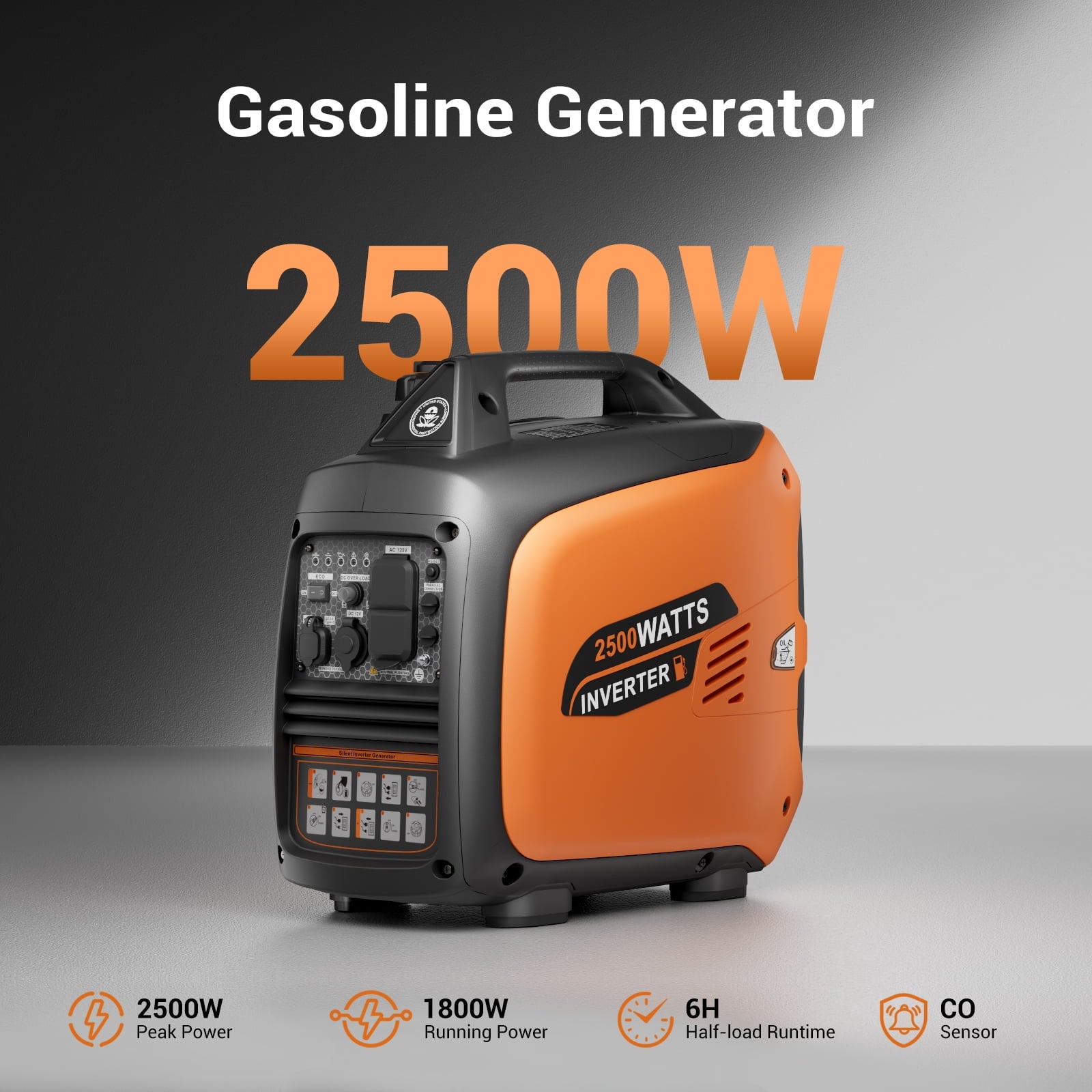 2500-Watt Portable Inverter Generator Gas Powered, EPA Compliant, Parallel Capability, CO Shutdown, Low Noise for Camping and Home Use