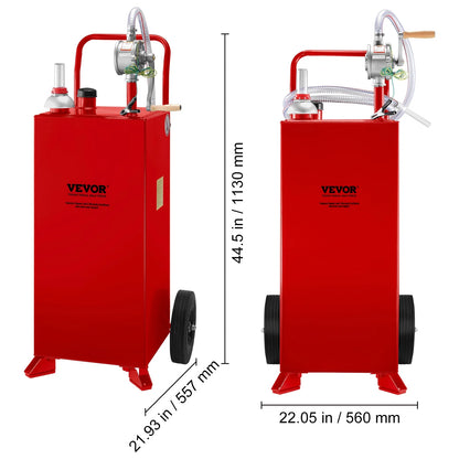 30 Gallon Fuel Caddy, Fuel Storage Tank on 2 Wheels, Portable Gas Caddy with Manuel Transfer Pump, Gasoline Diesel Fuel Container for Cars, Lawn Mowers, Atvs, Boats, More, Red
