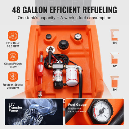 Mobile Diesel Container, 48 Gal Capacity, 10.6GPM Pump Speed, Includes 12V Electric Pump, 13.1 Ft Hose & Automatic Nozzle, Orange Diesel Fuel Tank for Smooth Transport