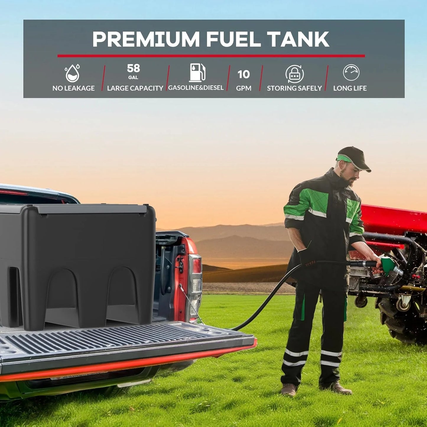 Portable Fuel Tank, 58 Gallon Diesel & Gasoline Transfer Tank with 12V Electric Pump, 10 GPM Flow Rate, 13Ft Hose, Auto Fueling Nozzle, Fuel Transfer Tank for Easy Transportation