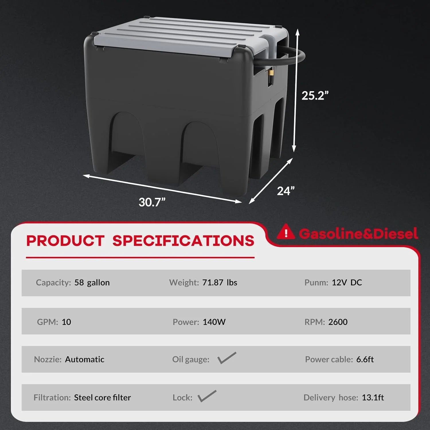 Portable Fuel Tank, 58 Gallon Diesel & Gasoline Transfer Tank with 12V Electric Pump, 10 GPM Flow Rate, 13Ft Hose, Auto Fueling Nozzle, Fuel Transfer Tank for Easy Transportation