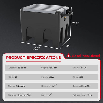 Portable Fuel Tank, 58 Gallon Diesel & Gasoline Transfer Tank with 12V Electric Pump, 10 GPM Flow Rate, 13Ft Hose, Auto Fueling Nozzle, Fuel Transfer Tank for Easy Transportation