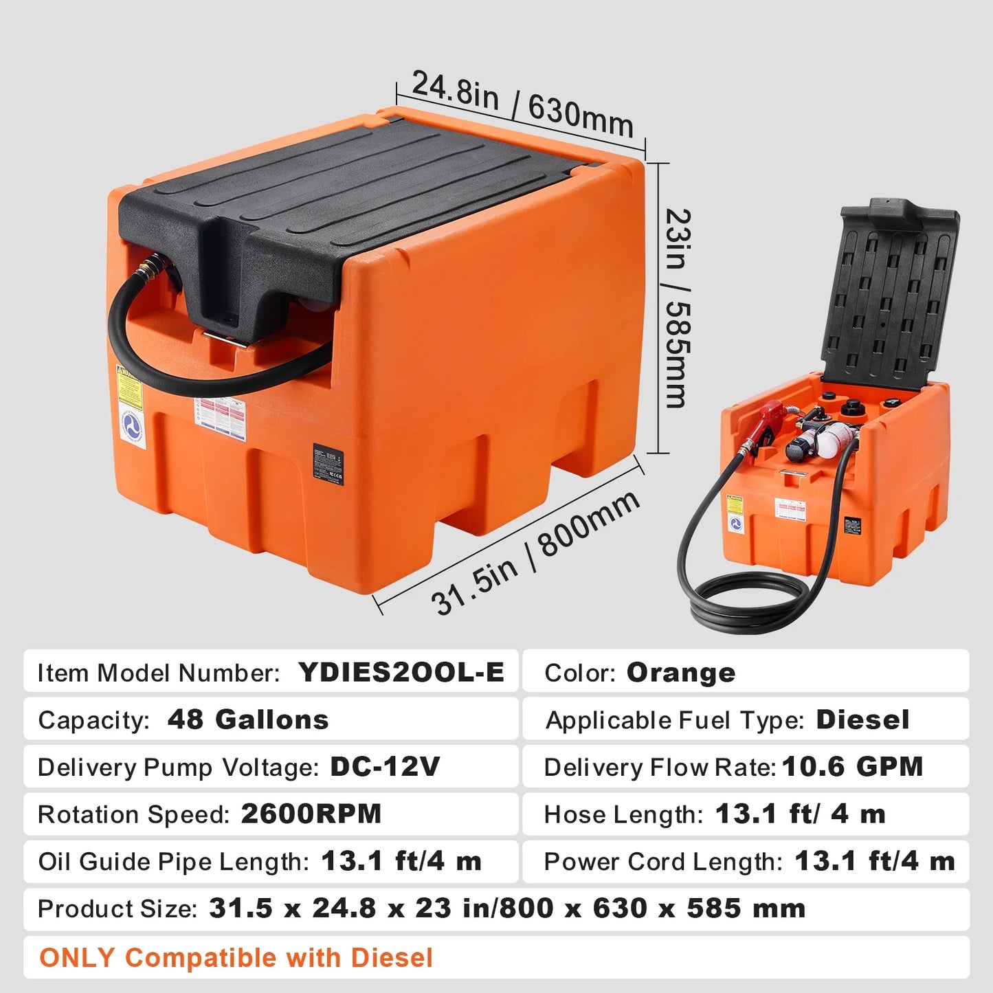 Mobile Diesel Container, 48 Gal Capacity, 10.6GPM Pump Speed, Includes 12V Electric Pump, 13.1 Ft Hose & Automatic Nozzle, Orange Diesel Fuel Tank for Smooth Transport