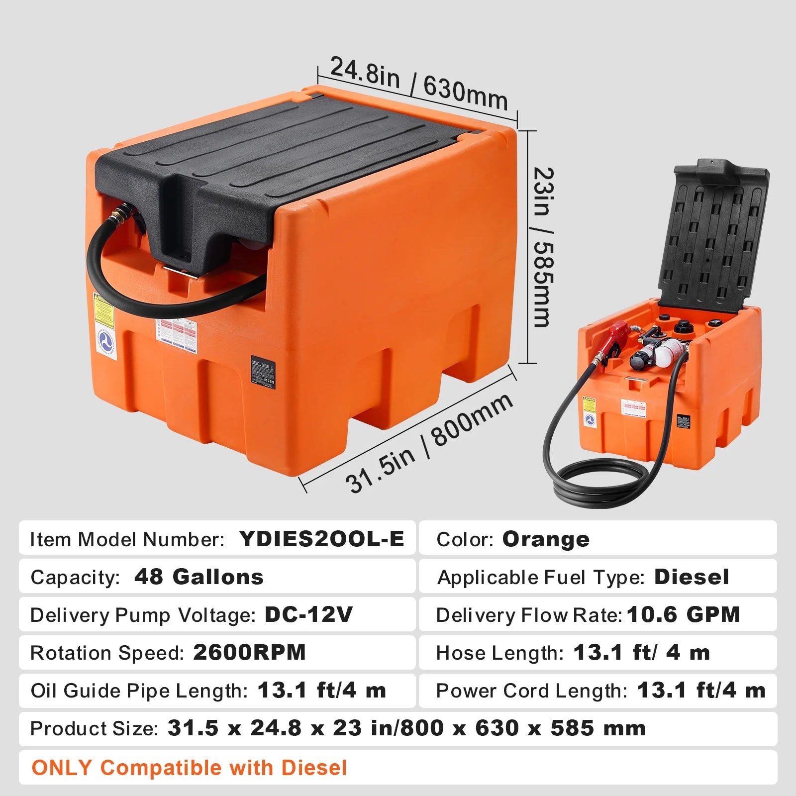 Mobile Diesel Container, 48 Gal Capacity, 10.6GPM Pump Speed, Includes 12V Electric Pump, 13.1 Ft Hose & Automatic Nozzle, Orange Diesel Fuel Tank for Smooth Transport