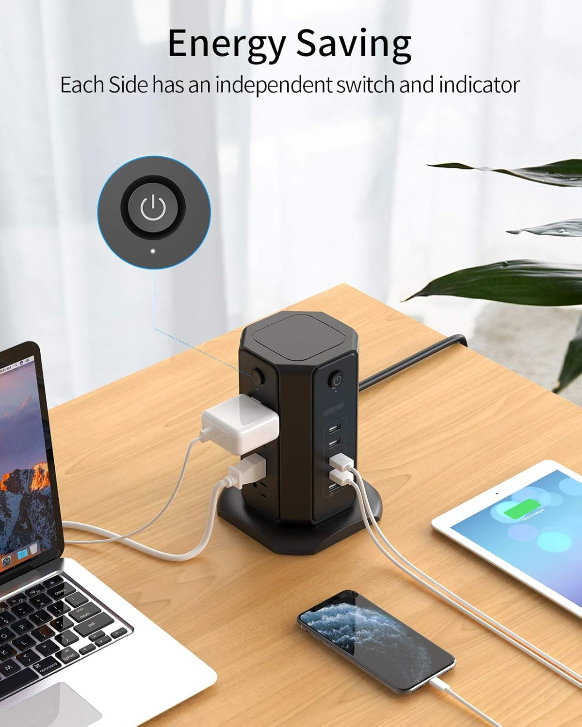 10Ft Extension Cord Power Strip Tower,  Flat Plug Surge Protector with 8 Outlets 5 USB Desktop Charging Station, Individual Switches, 1080 Joules, 13A Circuit Breaker for Home Office, Black