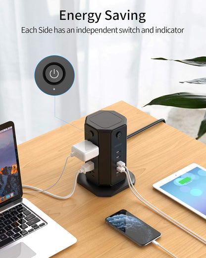 10Ft Extension Cord Power Strip Tower,  Flat Plug Surge Protector with 8 Outlets 5 USB Desktop Charging Station, Individual Switches, 1080 Joules, 13A Circuit Breaker for Home Office, Black