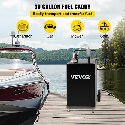 30 Gallon Gas Caddy, Fuel Storage Tank with Wheels, Portable Fuel Caddy with Manuel Transfer Pump, Gasoline Diesel Fuel Container for Cars, Lawn Mowers, Atvs, Boats, More, Black